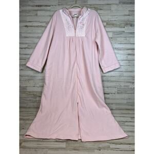 VINTAGE Shadowline Pink Zip Front Robe Women’s Large Floral Embroidered Pockets
